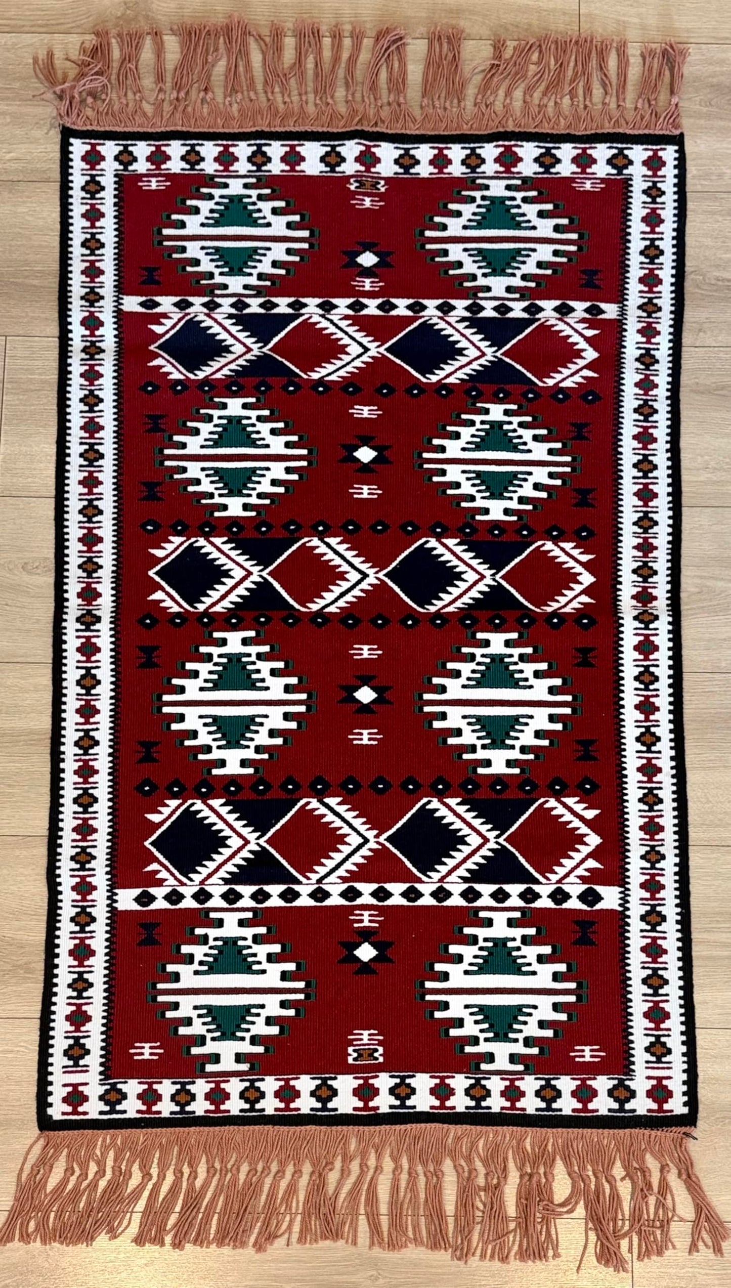 Handmade Turkish Area Rug(YORUK Kilim) - 100% Wool - 3x5 ft (32x56 in) Small Area Rug - Deep Red Burgundy, Traditional Diamond Pattern, Cozy Boho Decor for Living Room, Fireplace, or Bedroom