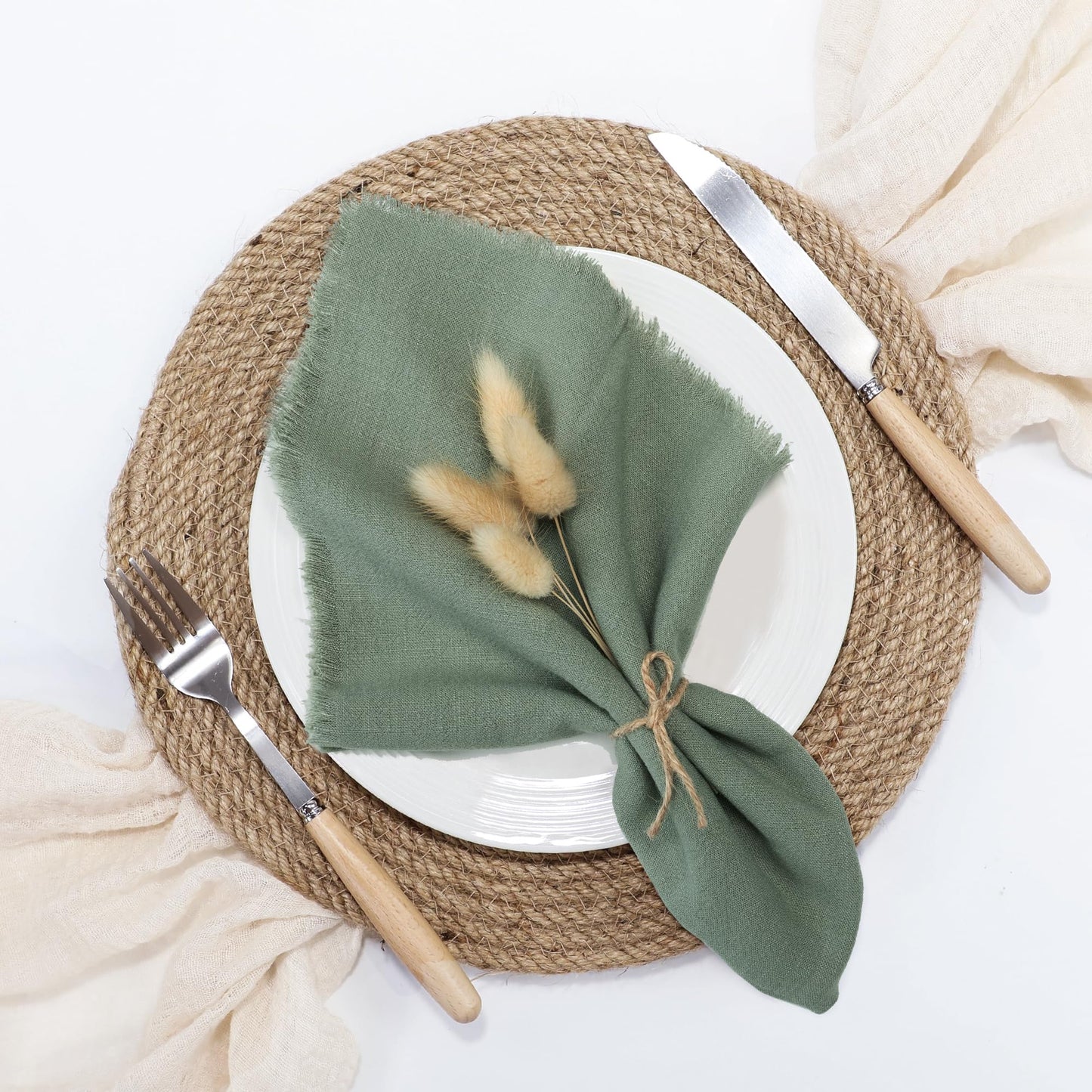 keypan Sage Green Cloth Napkins Washable, Linen Cotton Table Rustic Fabric Napkin Bulk with Fringe for Thanksgiving Dinner Wedding Party Set of 8 17x17 inch