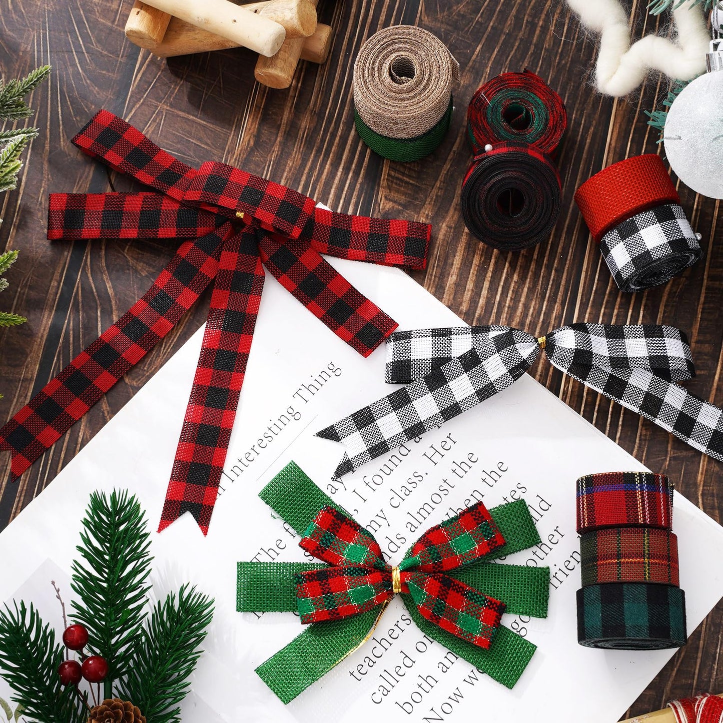 Whaline 10 Rolls 50 Yards Christmas Burlap Ribbon Rolls 1 Inch Wired Plaid Wrapping Ribbons Xmas Decorative Ribbon for Wreath Bow Gift Decor