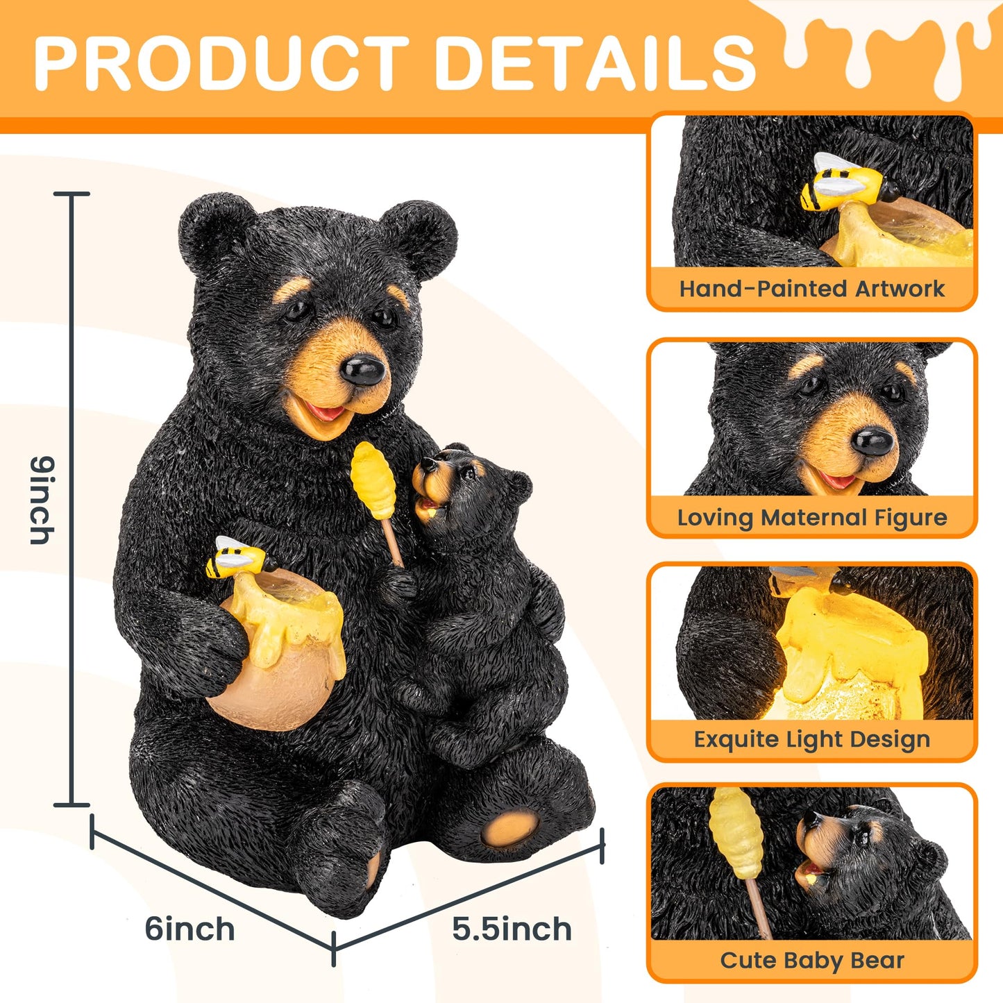 GIGALUMI Solar Garden Statues Bears 9", Loving Black Bear Decor, Yard Decorations Outdoor, Bear Figurine Lights for Outside, Garden Decor Unique Birthday Housewarming Gifts for Women, Mom