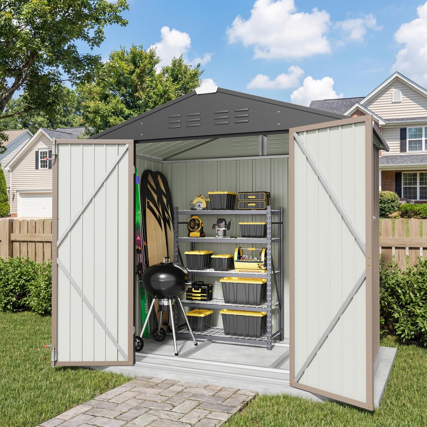 Greesum 6x4FT Outdoor Storage Shed with Base, Utility Tool Shed with Sloping Roof, Metal Storaged Garden Shed with Door & Lock for Patio Storage, Brown