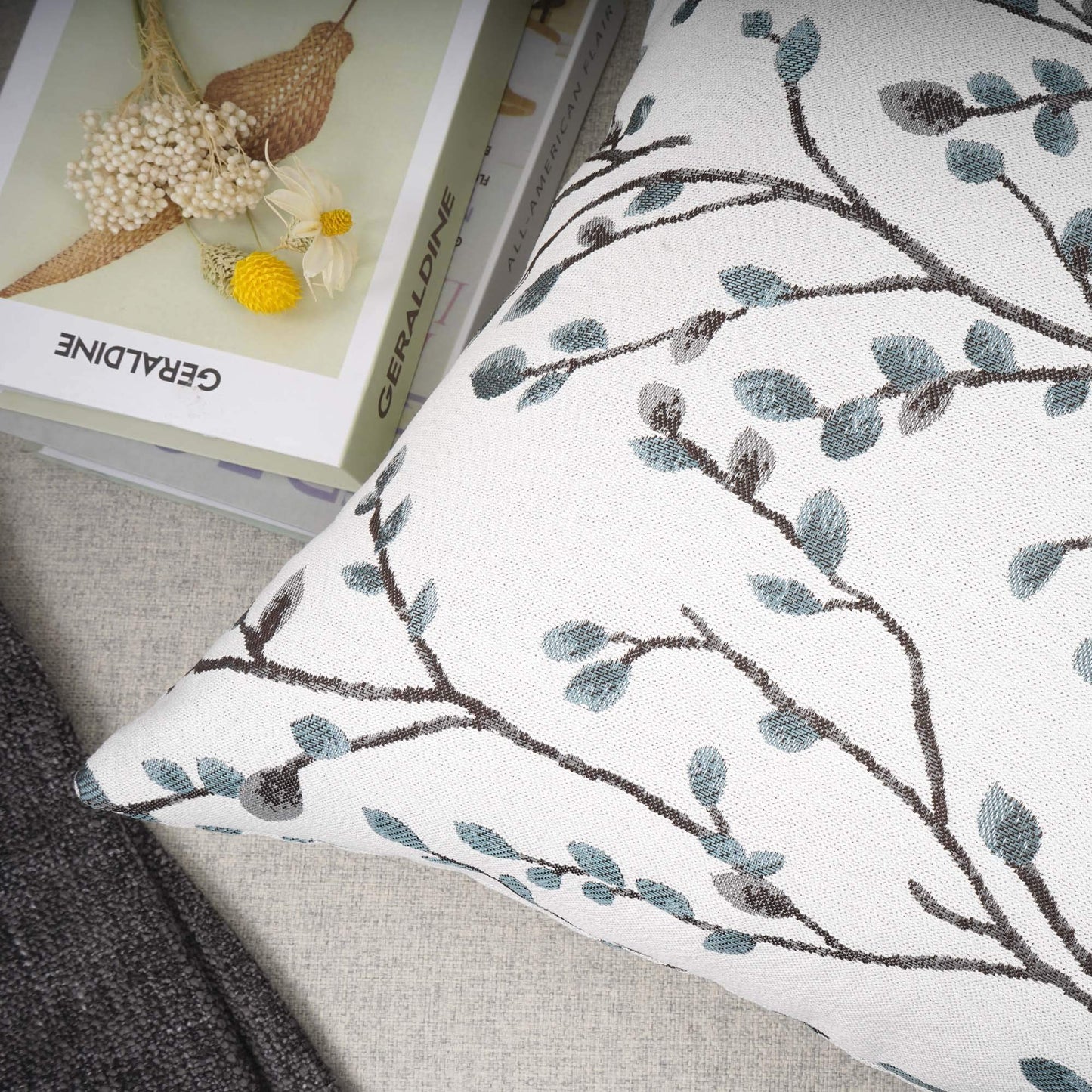 YOUR SMILE Classical Embroidery Jacquard Teal Leaf Pattern Square Decorative Throw Pillow Case Cushion Cover 18x18 inch