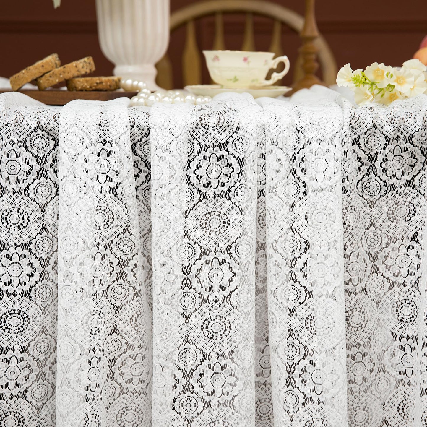 GLORY SEASON Lace Tablecloth with Flower and Leaf Pattern Fabric Ivory White Rectangle/Oblong Table Cloth Cover for Wedding Buffet Banquet Parties Holiday Farmhouse Kitchen Dining Decor 52x70 Inch
