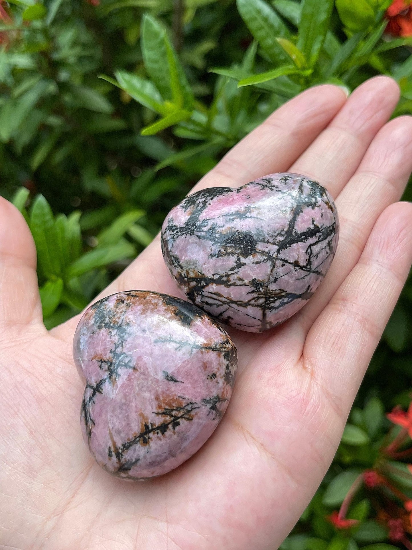 GAF TREASURES Rhodonite Gemstone Hearts, Polished Rhodonite Puffy Hearts, Rhodonite Crystal Palm Stone, Rhodonite Healing Crystal Hearts (1 Heart)