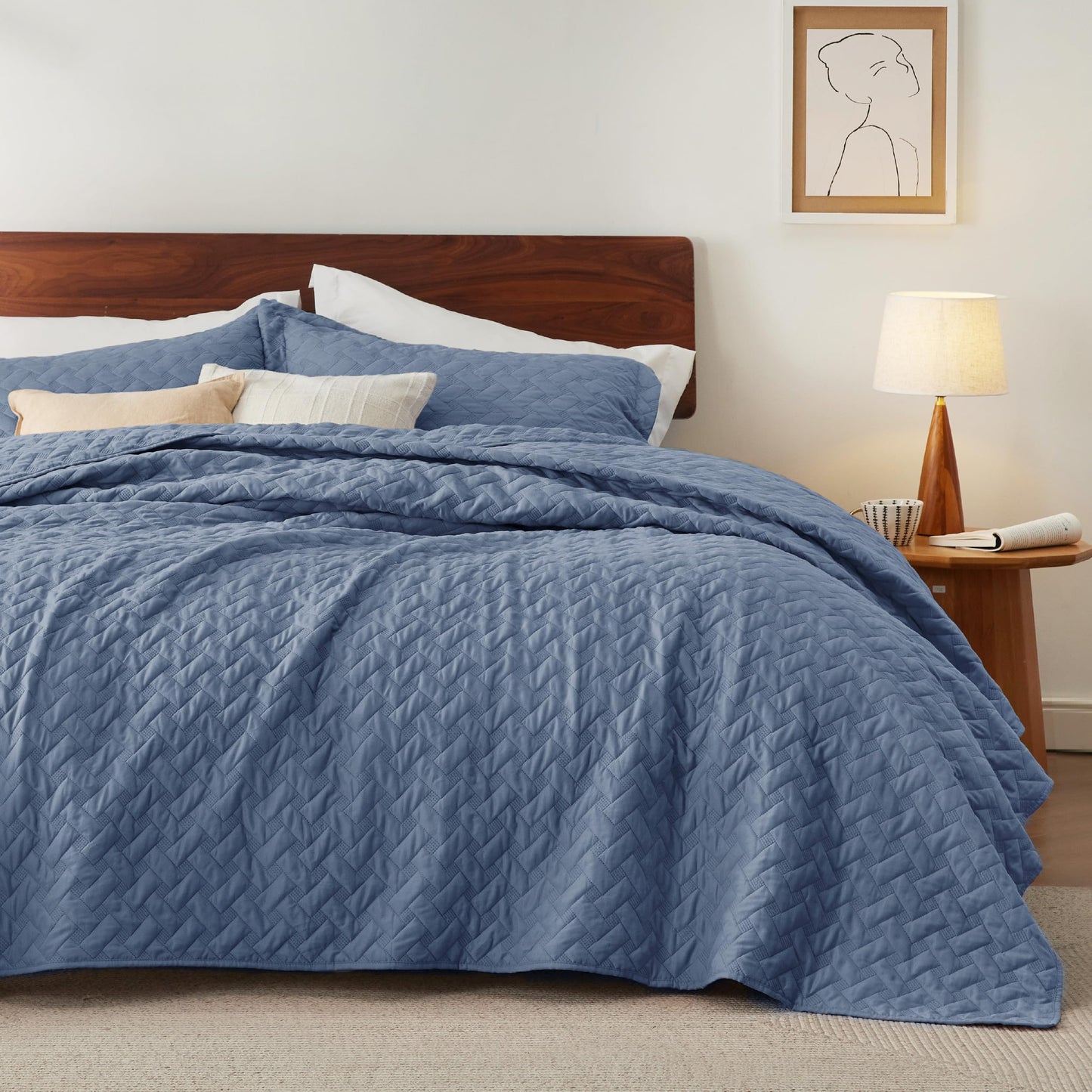Bedsure Quilts Queen Size - Lightweight Bedspreads Queen Size with Basket Weave Pattern, Soft Quilt Bedding Set, Mineral Blue Comforter Set Coverlet for All Seasons with 2 Pillow Shams (90" x 96")