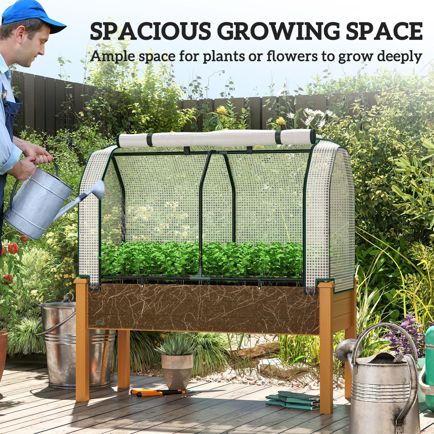 Outsunny Raised Garden Bed with PE Greenhouse Cover Outdoor Elevated Wood Planter Box for Herbs and Vegetables, Use for Patio, Backyard, Balcony, 48 x 22 x 46 inch, Sand