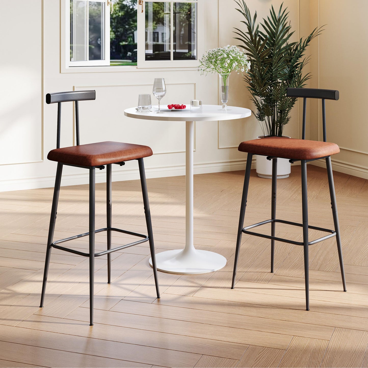 Bar Stools set of 2, Tall Bar Stools with Backrest and Footrest, Counter Height Bar Chairs, Industrial Barstools with PU Leather Cushion, for Kitchen, Dining Room, Bar, Cafe (Rustic Brown)KBS515R