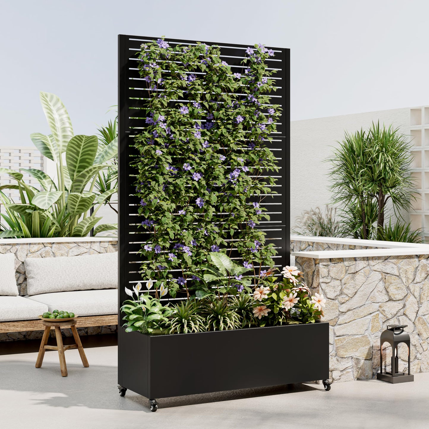 Beuiosda Metal Planter Box with Trellis Privacy Screen, Raised Garden Bed with 4 Wheels, Privacy Planters for Patio, Planter Box with Drainage Holes for Climbing Plants, Vegetables (Rectangle)