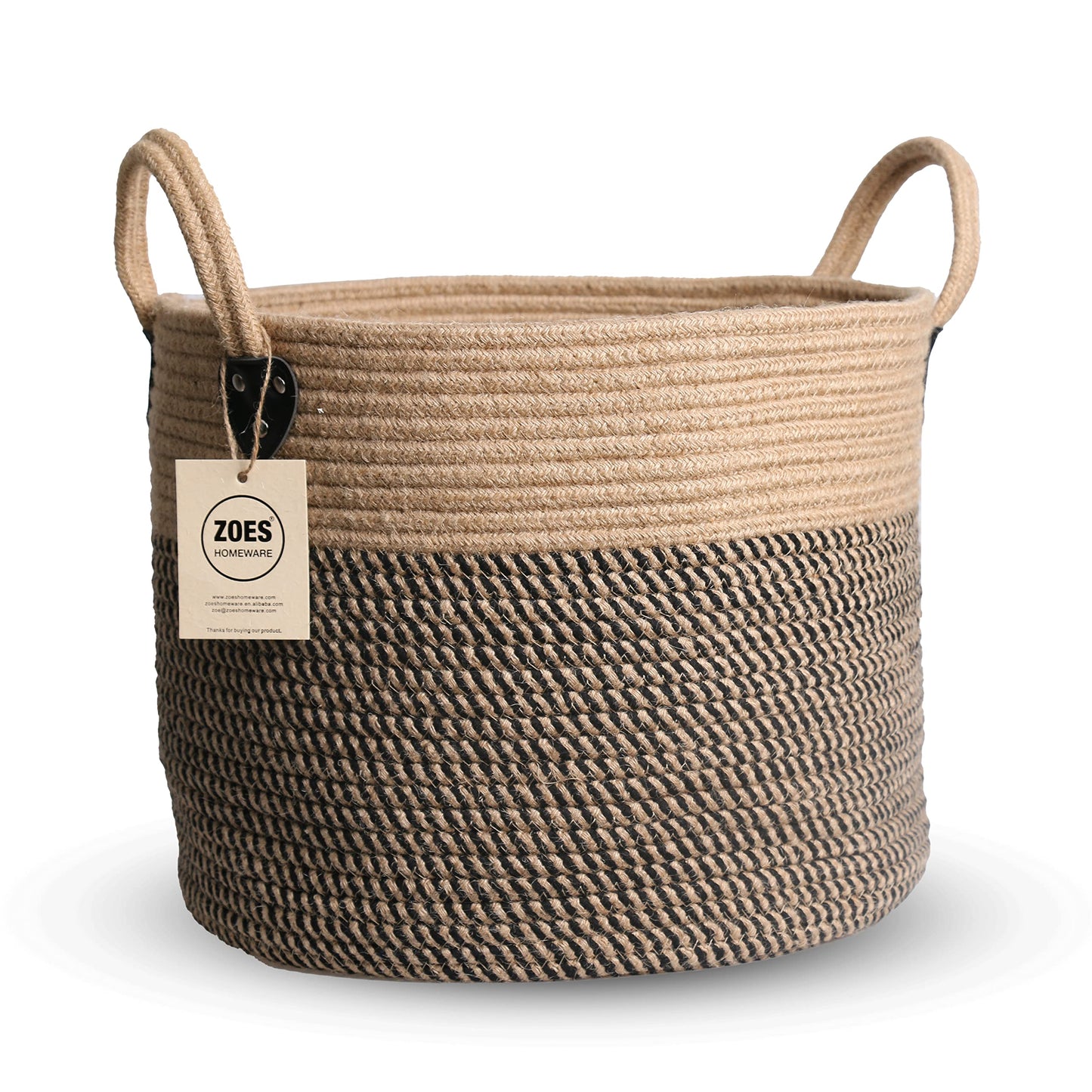 ZOES HOMEWARE 14"x12" Natural Jute Rope Woven Storage Basket with Handles for Plant, Blankets,Toys,Clothes,Shoes - Living Room Home Decor,Multifunctional Basket for Organizer,Picnic,Artificial Tree