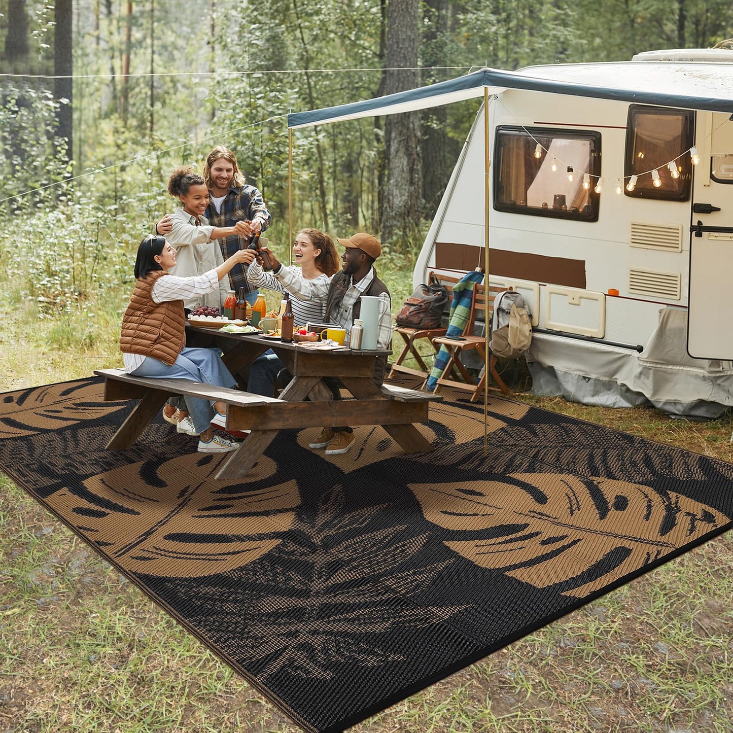 GAOMON Outdoor Rugs 8x10 Waterproof Reversible Plastic Straw Rug Modern Patio Rug, Foldable Lightweight RV Camping Mat with Portable Bag & 4 Stakes, UV Resistant & Sturdy for Picnic, Brown