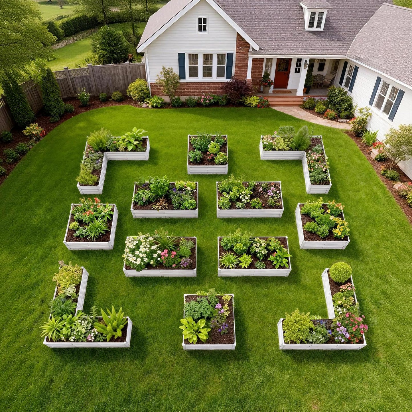A ANLEOLIFE Set of 12 18 Inch Tall Raised Garden Beds Kit, L-Shaped, Square & Rectangular Metal Planters for Flexible Backyard Layouts, Antique White