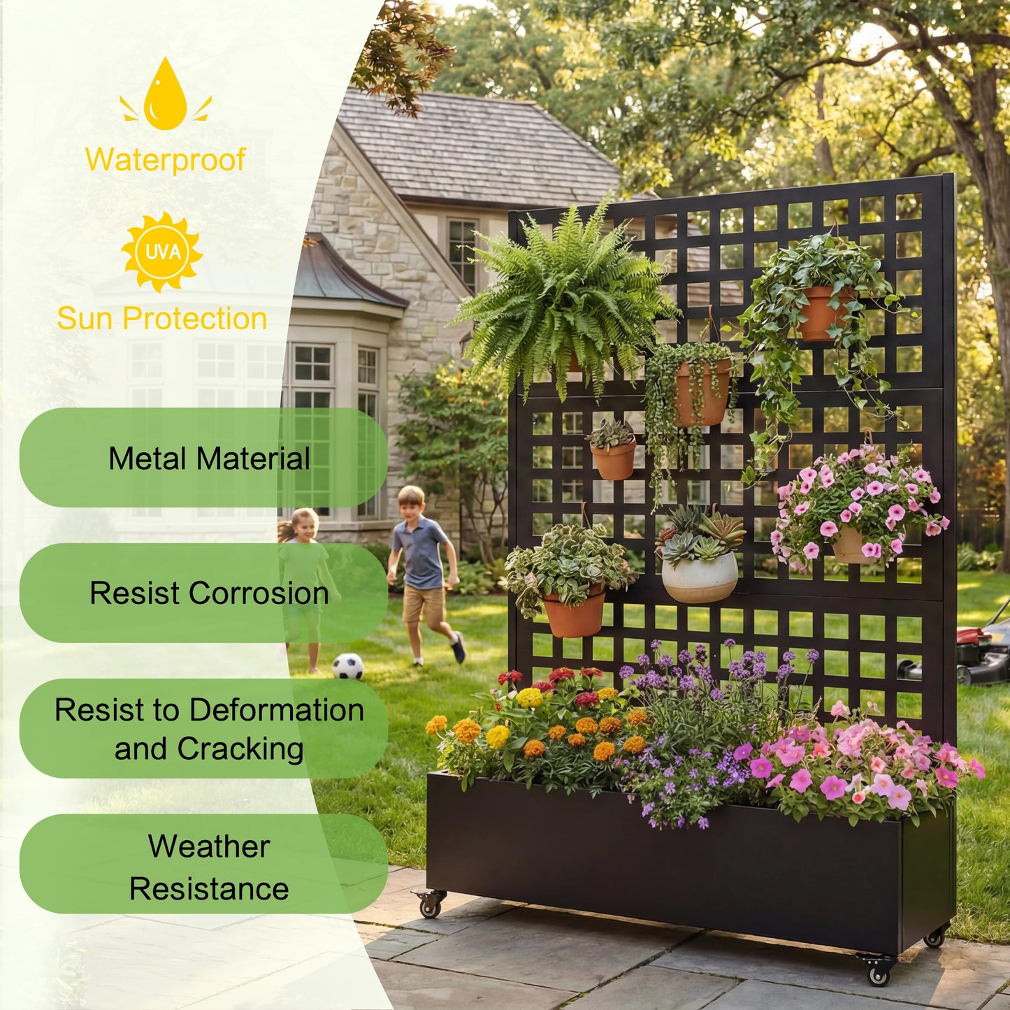 Jovkuan Metal Planter Box with Trellis Outdoor, 73"x47"x16"Garden Bed with Wheels and Trellis Privacy Screen & Drainage Holes & Lockable Casters for Climbing Plants, Vegetable, Vines