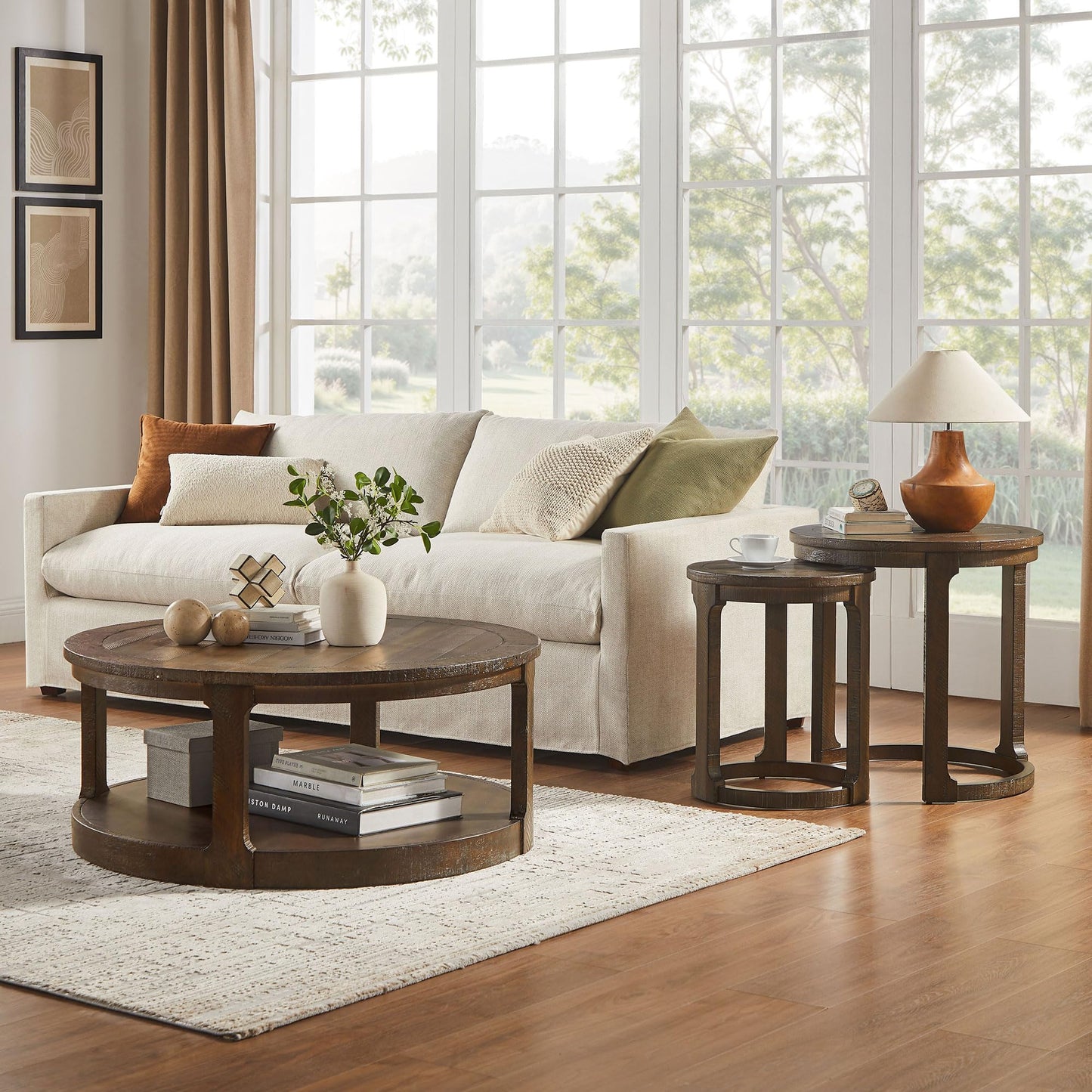 WILLIAMSPACE 24" Round Nesting Coffee Table Set of 2, Solid Wood Coffee Tables Mid Century Rustic Farmhouse Side End Tea Table for Living Room, Apartment (Drak Brown)
