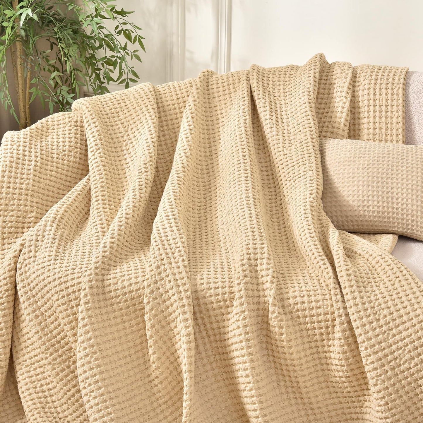PHF 400GSM 100% Washed Cotton Waffle Weave Blanket, Cozy Breathable Skin-Friendly Throw King Size for All Season, Luxury Fall Layer Bedspread for Couch Bed Sofa, Elegant Home Decor,Beige,104"x90"