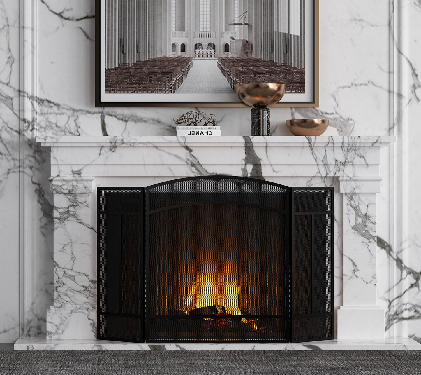 Fire Beauty Fireplace Screen 3 Panel Wrought Iron 48"(L) x 29"(H) Spark Guard Cover(Black)
