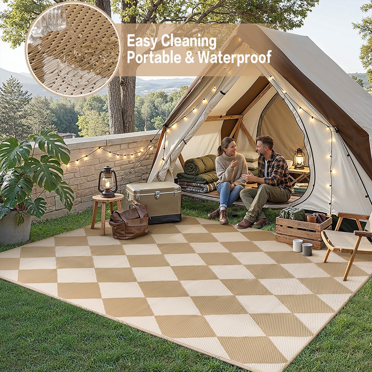 WondRg Outdoor Plastic Checkered Rug Waterproof Patio 9x12 Beige Brown Diamond Geometry Mat for Porch Camping RV Balcony Deck Courtyard Reversible Lightweight Durable Portable