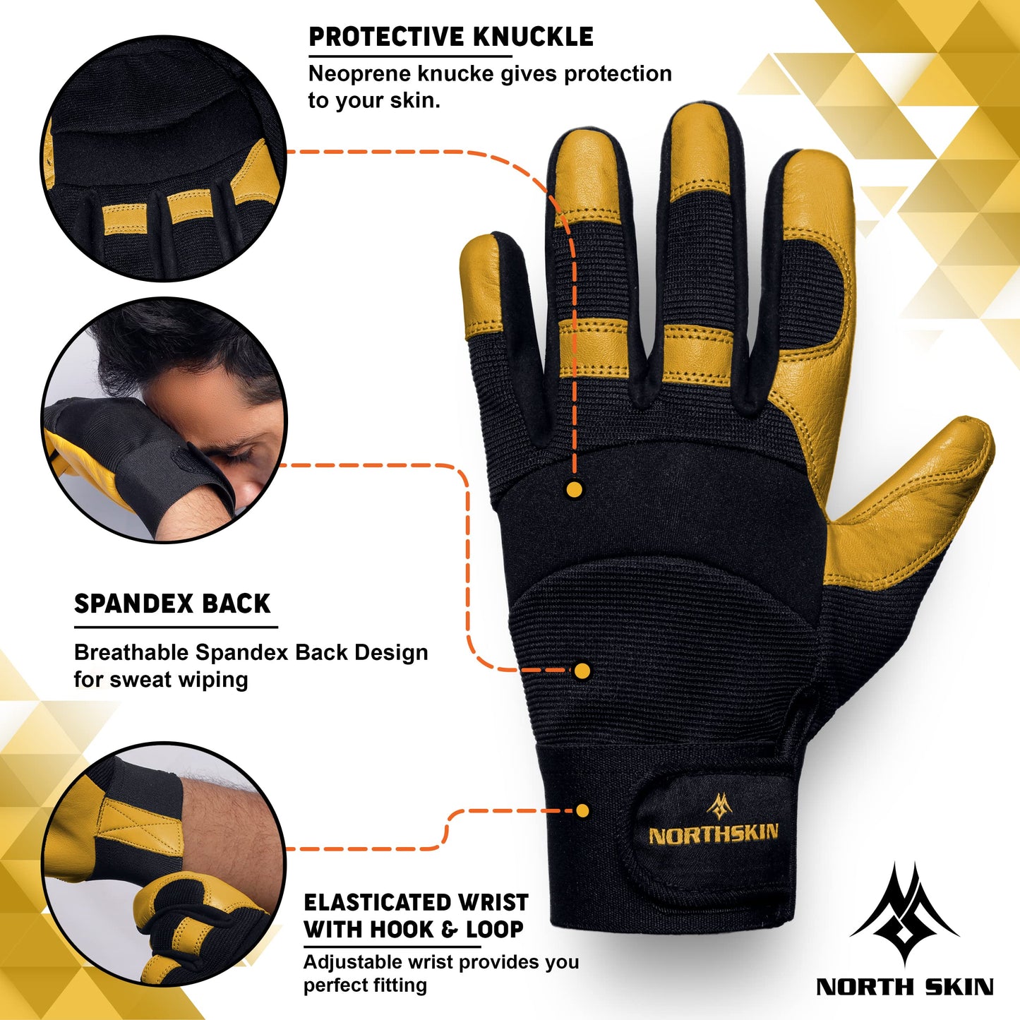 NORTH SKIN Gardening Thorn-Proof Working Gloves with Touch Screen Support, Thick Leather, Heavy-Duty Safety Gloves for Garden (Yellow, M)
