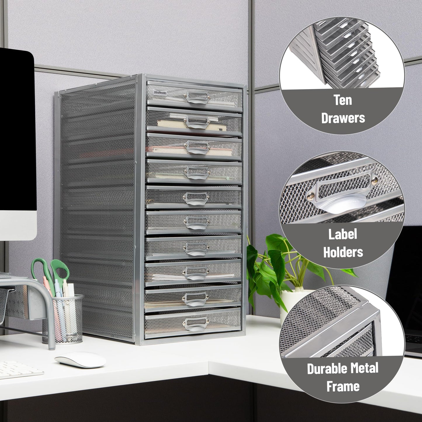 Mind Reader 10-Drawer Desk Organizer for Office Supplies, Crafts, Mail Sorting & More, Metal Mesh, 10.75"L x 14"W x 21.25"H, Silver