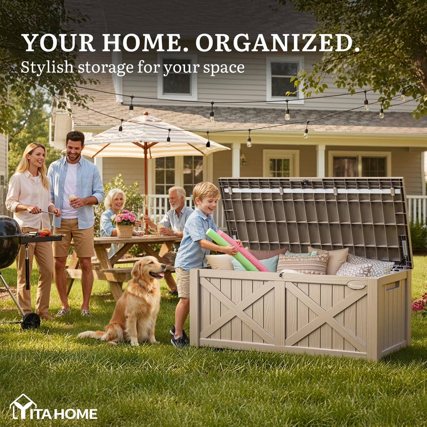 YITAHOME 150 Gallon Large Deck Box with X-Shaped Front, Resin Outdoor Storage Boxes, Waterproof Cushion Storage Bench for Patio, Pool Supplies, Garden Tools - Lockable, Taupe