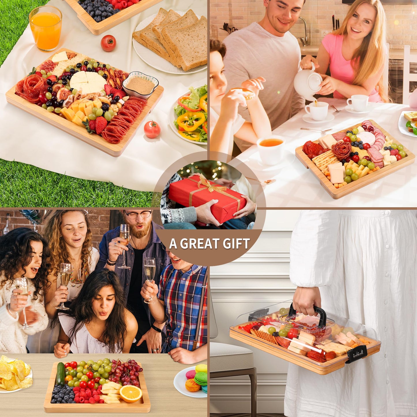 CAWIU Charcuterie Board with Lid and Handle - Portable Travel Design Bamboo Cheese Board Set with 4 Cheese Tools, Gift for Housewarming, Weddings, Picnics(1 Compartment, Black)