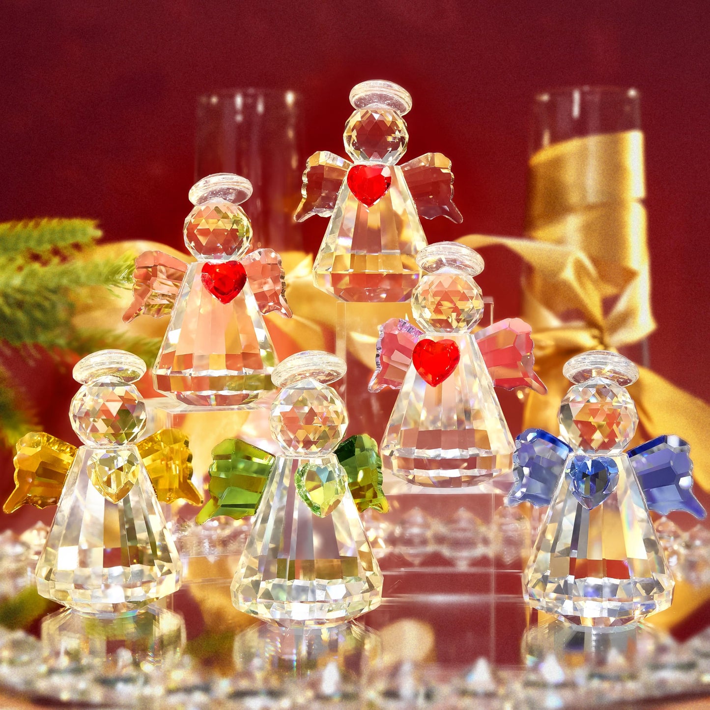 6-Piece Crystal Guardian Angel Figurine Set, 2.5" Handcrafted Glass Angel Ornaments Home Decor, Office Room Tabletop Display Collection Paperweight, for Lover Women Girl Birthday