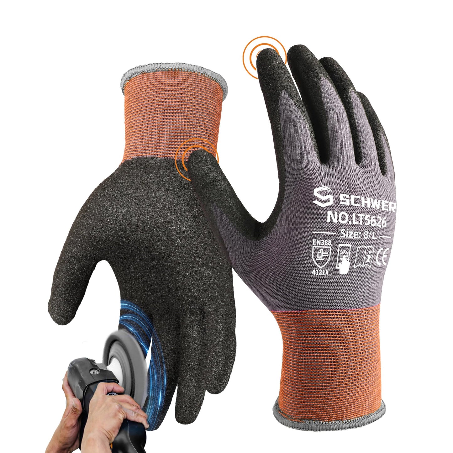 Schwer 6 Pairs Safety Work Gloves Sandy Nitrile Coated LT5626, Level 6 Abrasion Resistant (Certified) Heavy Duty Working Gloves with Grip for Men Women, Touch-Screen, for Mechanic, Construction, L