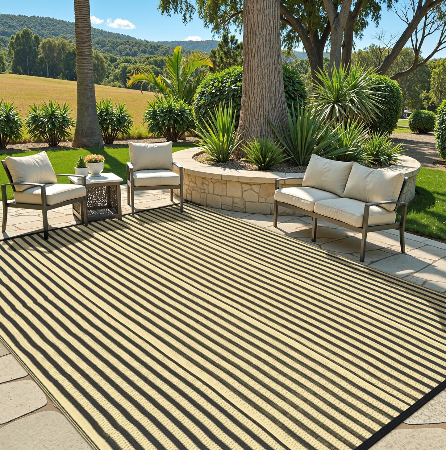 LEEVAN Waterproof Outdoor Rug 8x10 Black and Brown Patio Rug Clearance Large Plastic Straw Backyard Area Rug Striped Camping Outside Mat for Picnic, RV, Deck, Bench, Balcony