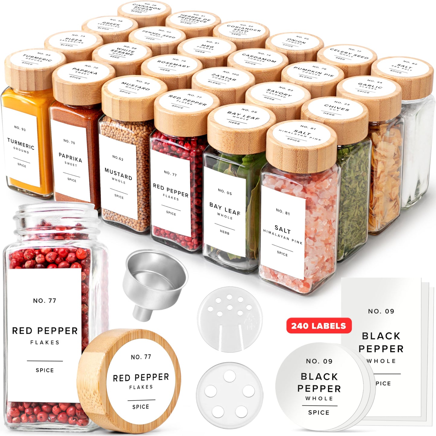 EDELHAUS® Square Spice Jars with Bamboo Wooden Lid (Pack of 24) Spice Jars with Shaker Insert and 240 Labels - Bamboo Lid Glass Container for Spice Organisation [4.3 in × 1.8 in]