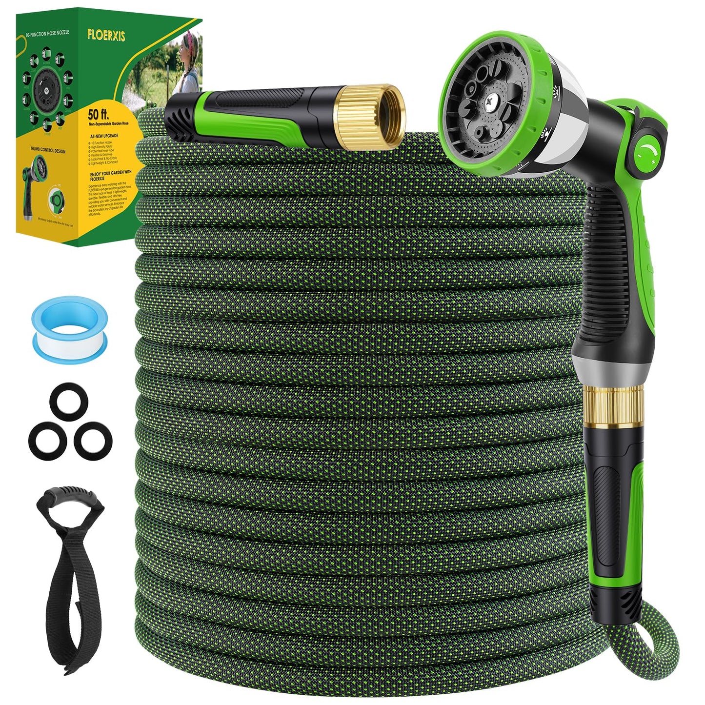 FLOERXIS Non-Expandable Garden Hose 50 FT, Lightweight Hose with 10 Function Spray Nozzle, Kink-Free Flexible Water Hose, Durable, Leak-Proof, 360° Swivel Connectors, Portable Storage Strap