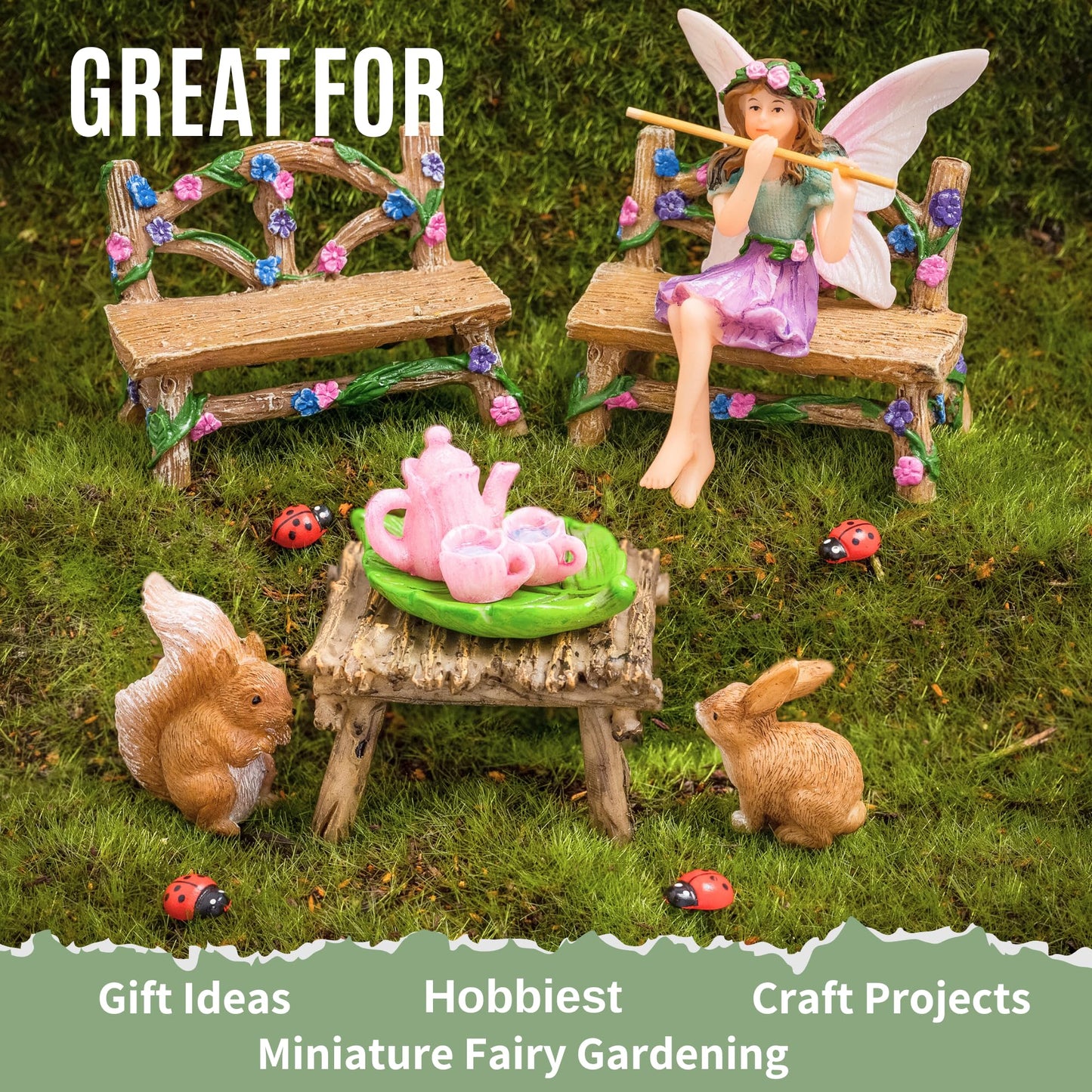 PRETMANNS Fairies for Fairy Garden Accessories for Outdoor - Figurine Bella and Furniture for Miniature Set with Squirrel, a Bunny, 4 Ladybugs - Ideal for Fairy Garden Starter Kit - 14 Piece Supplies