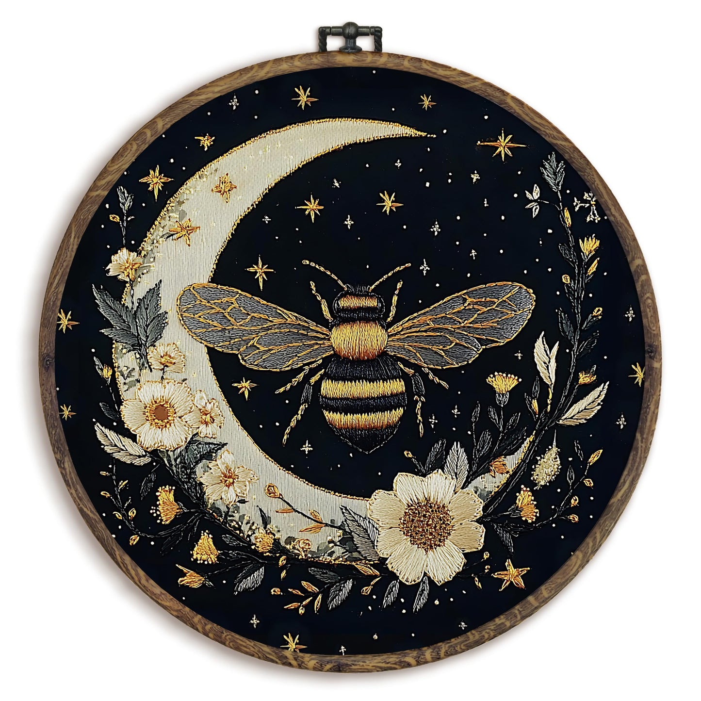 KFXHANGD Gothic Bee Moon Round Wall Art Framed, Witchy Bumble Bee Botanical Canvas Wall Art Decor, Celestial Bees Floral Hanging Decor for Bathroom Bedroom Kitchen, 10x10inch