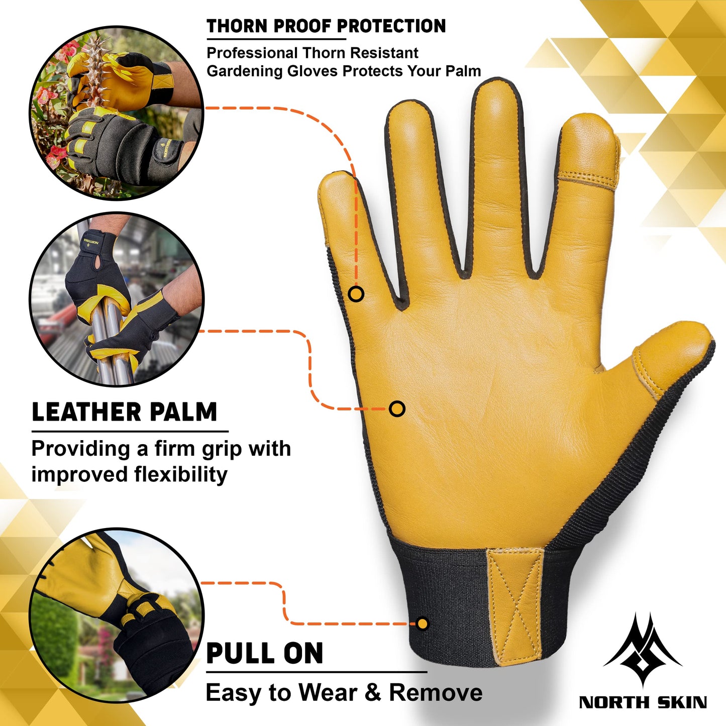 NORTH SKIN Gardening Thorn-Proof Working Gloves with Touch Screen Support, Thick Leather, Heavy-Duty Safety Gloves for Garden (Yellow, M)