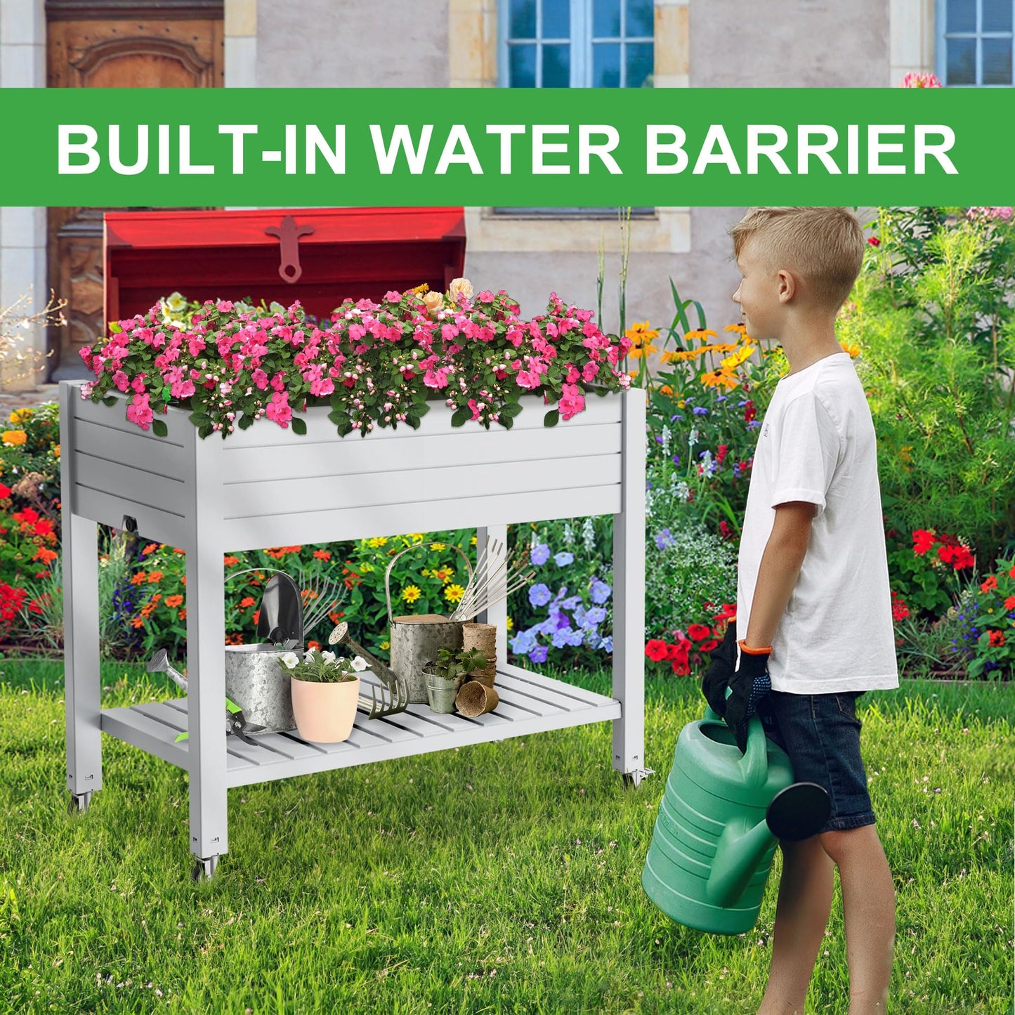 PatioZen Raised Garden Bed with Legs, 33.66" Tall Self-Watering Resin Planter Box with Lockable Wheels Drainage Plug and Gauge for Vegetables, Flowers, Storage Shelf for Tools and Accessories (Ashen)