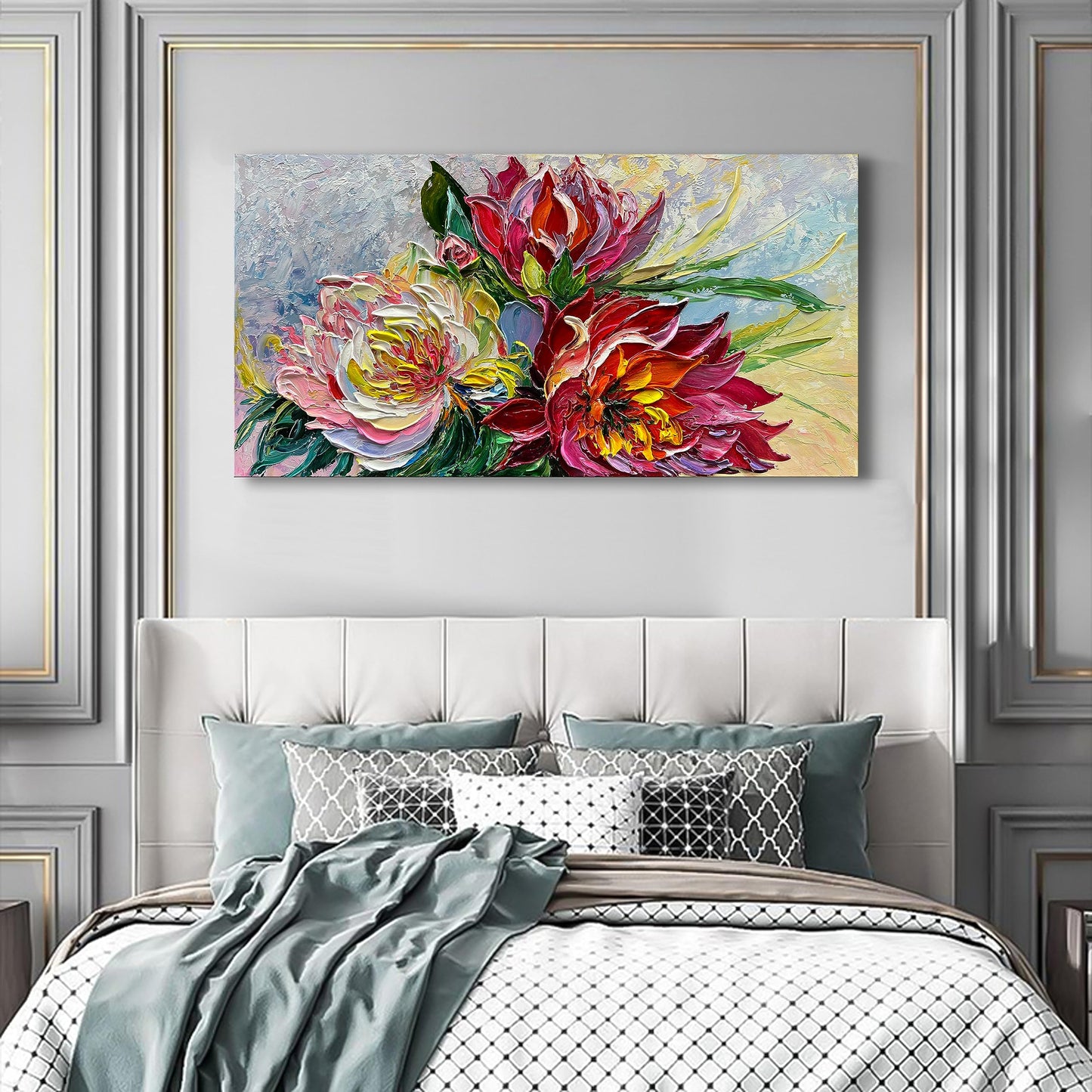 Limiyer Art Hand Painted red Flowers Art Oil Painting 24x48 Thick Texture Abstract Wall Decorative Art Oil Painting