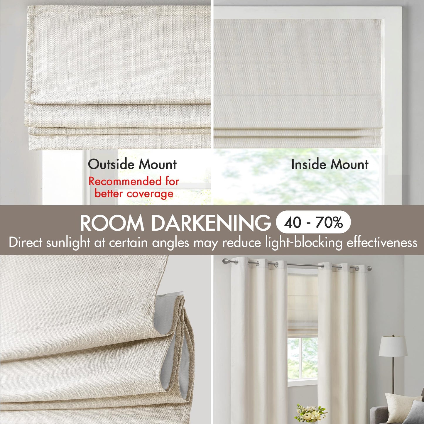 Madison Park Galen Cordless Roman Shade, 34"W x 64"H, Sheen Ivory – Room Darkening, Thermal Insulated, Energy Efficient Window Blind with Subtle Sheen Basketweave Fabric for Privacy