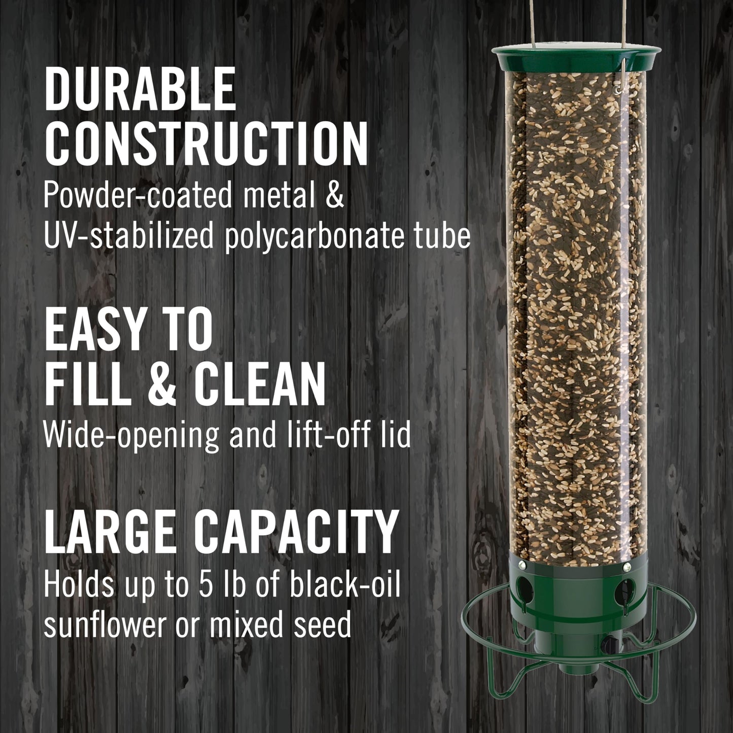 Droll Yankees Squirrel Proof Bird Feeder for Outdoors – Rechargeable Weight-Activated Rotating Perch, 5lb Seed Capacity, Metal Base, UV-Stabilized Seed Tube, Hanging Green Yankee Flipper, YF-M