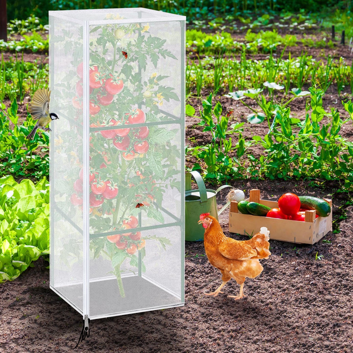 3 Pcs Garden Bird Netting Plant Cover for Square Tomato Cage, 59" x 17.7" Insect Bird Barrier Tomato Cage Net with Zipper & Drawstring, Tomato Trellis Netting Protection Cover for Protecting Plants
