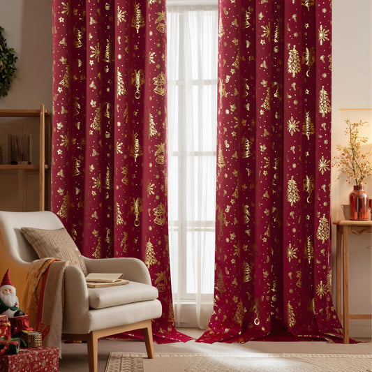 NICETOWN 2 Panels Christmas Red Curtains 52 x 84 Inch, Gold Foil Printed Grommets Drapes, Xmas Theme Window Treatment for Holiday Home Decor, Set of 2 Christmas Style Curtain Panels