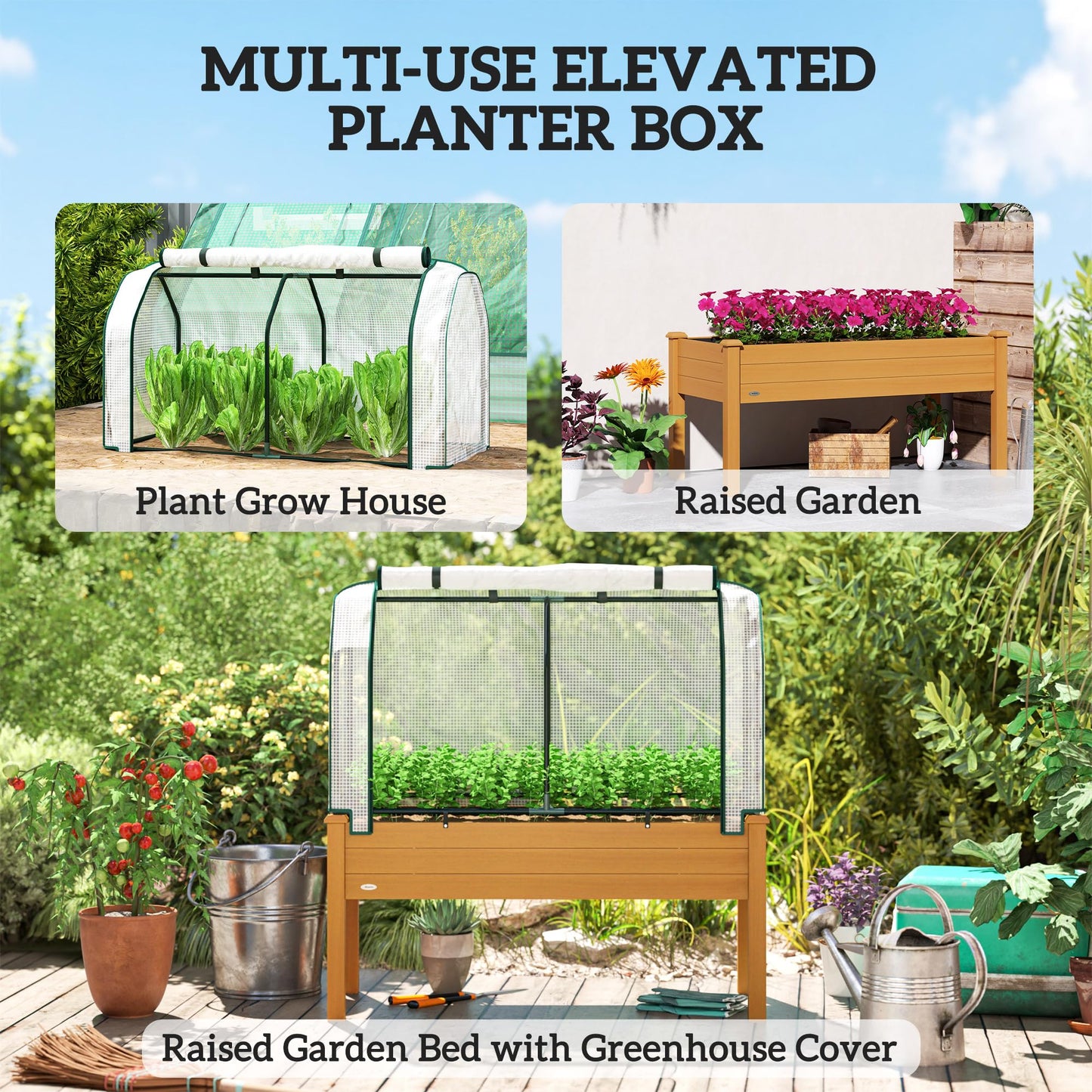 Outsunny Raised Garden Bed with PE Greenhouse Cover Outdoor Elevated Wood Planter Box for Herbs and Vegetables, Use for Patio, Backyard, Balcony, 48 x 22 x 46 inch, Sand