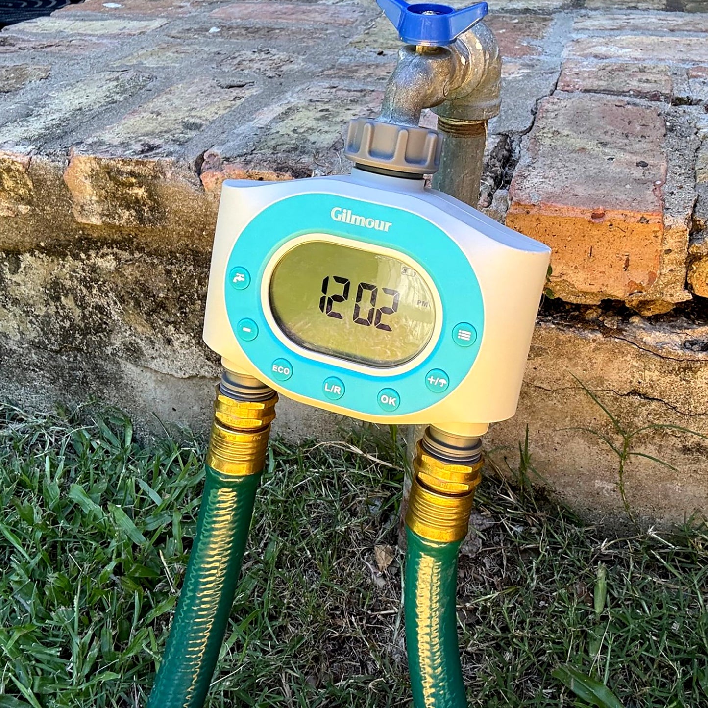 Gilmour Dual Outlet Water Timer for Garden Hose, Programmable Automatic Watering System, LCD Screen, Rain Delay, Battery Operated