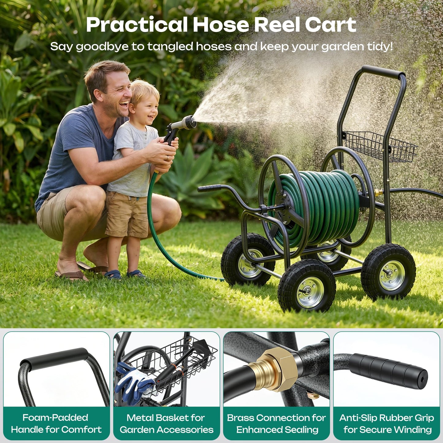 Autodaya Garden Water Hose Reel Cart - 250 ft. Capacity, 10" Pneumatic Tires, Powder-Coated Steel Frame for Tangle-Free Garden Hose Storage