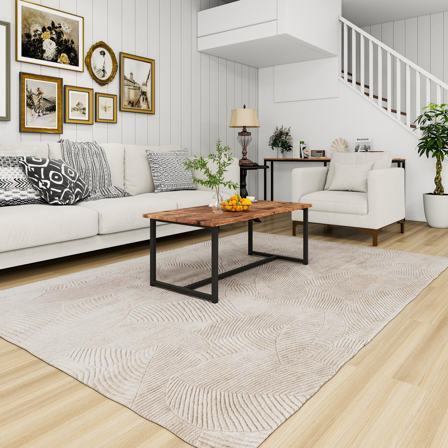 JUISSANO Coffee Table Rectangular Center Table for Living Room Open Space Side Table with Metal Frame, Easy Assembly, Black+ Rustic Brown Wood Coffee Table