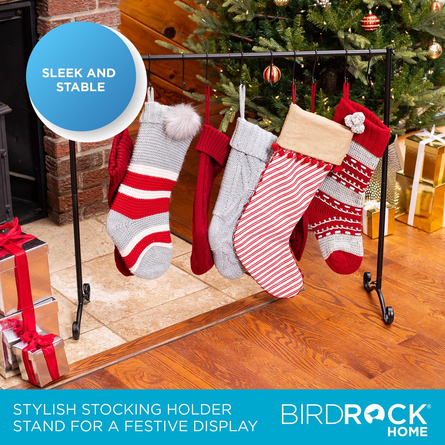 BIRDROCK Home 10-Hook Christmas Stocking Holder Stand | Lightweight Iron Metal Freestanding Rack for Holiday Decor | Versatile Stocking & Ornament Hanger Display for Home, Floor & Living Room - Black