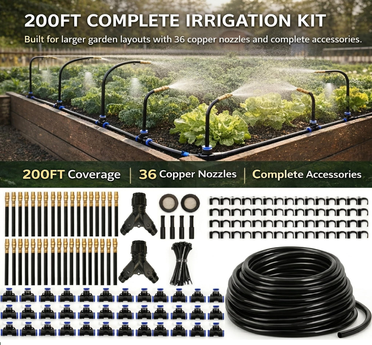 Automatic Garden Irrigation System 200ft, Upgraded Drip & Spray Watering Kit with 36 Adjustable Copper Nozzles for Raised Beds, Outdoor Garden, Lawn, Potted Plants & Greenhouse (200ft)