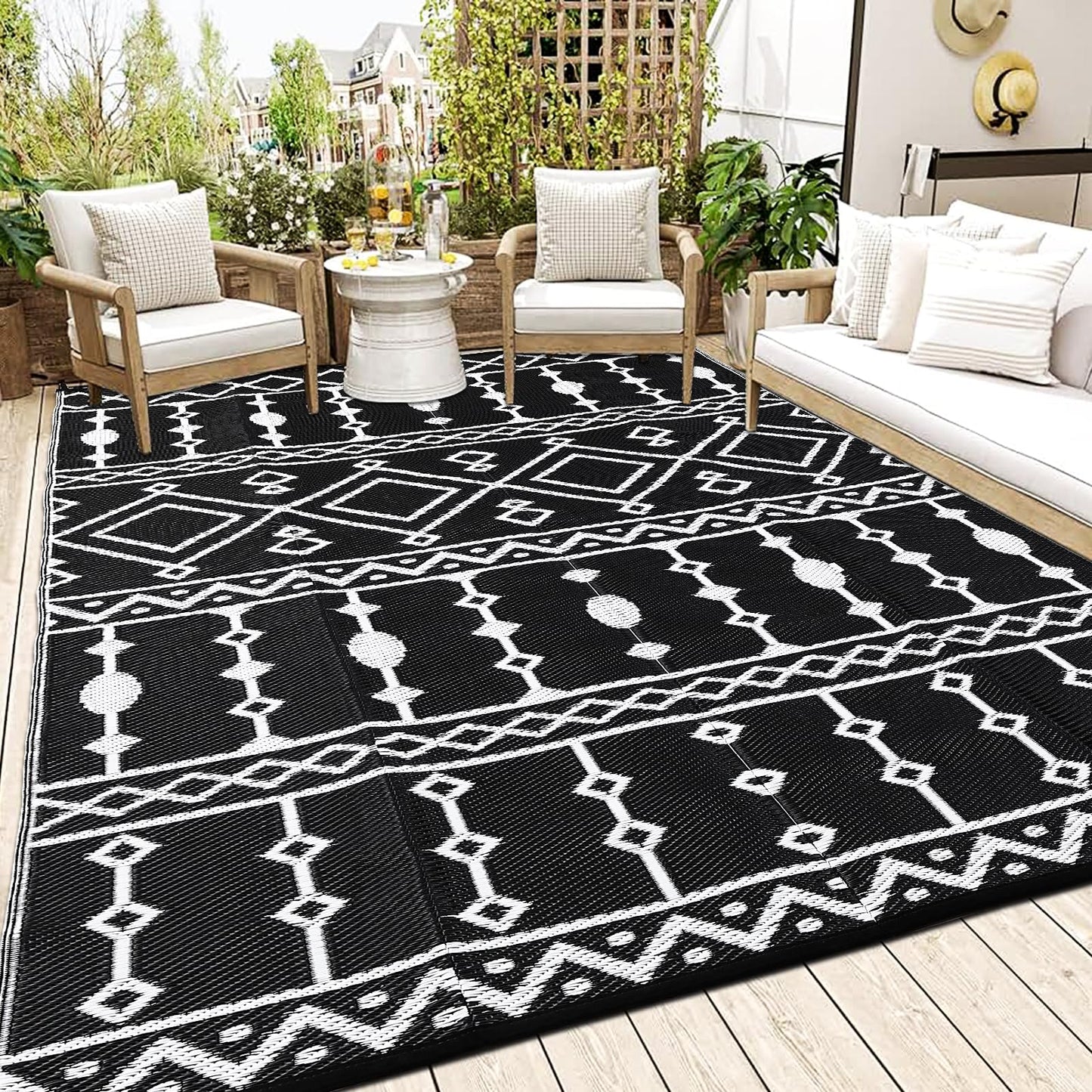 Acekool Waterproof Outdoor Rug, 8x10ft Plastic Straw Rug for RV Camping, Large Floor Mat and Rug for Outdoors, Outside Carpet for Rv, Deck, Camper, Picnic, Black