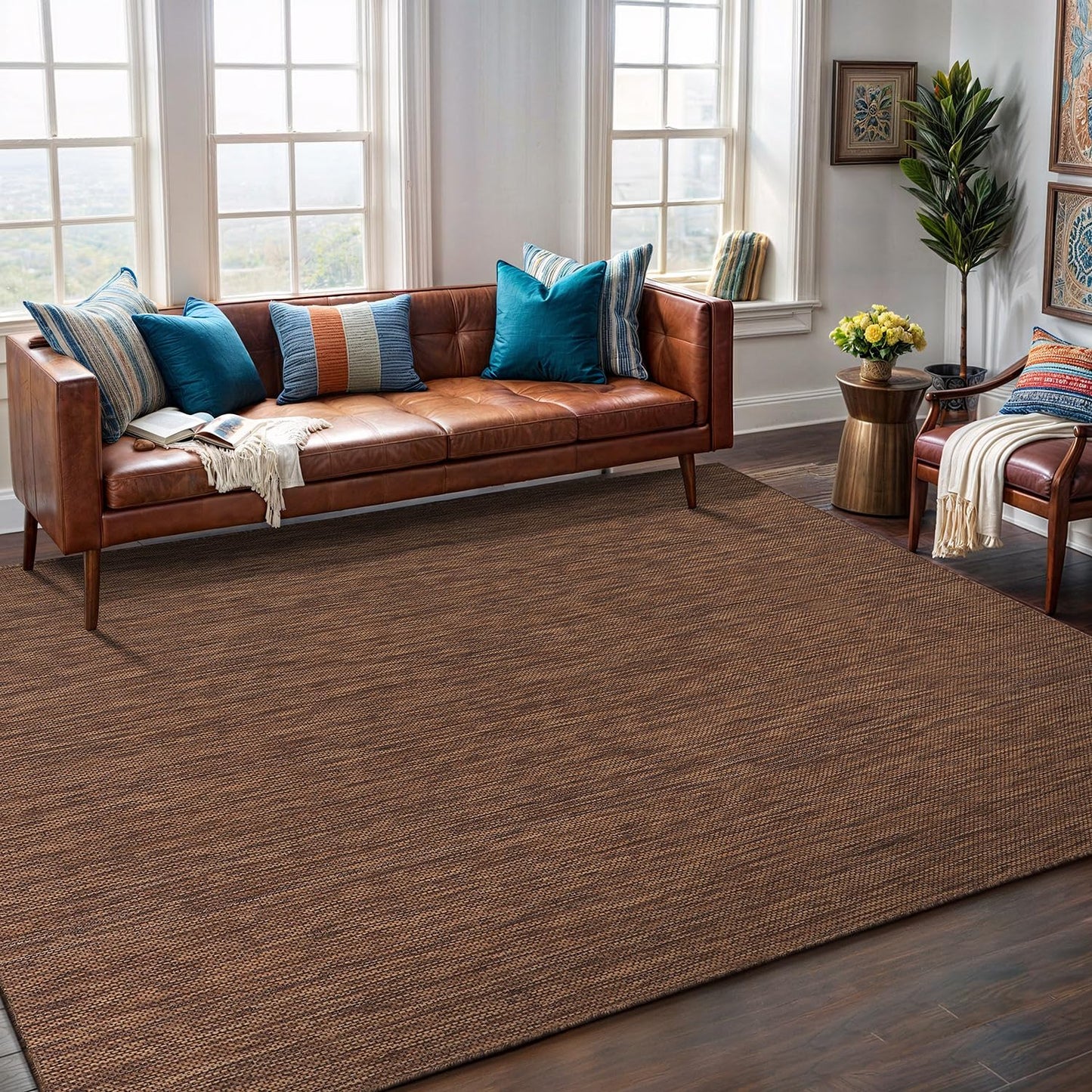 Washable Indoor Outdoor Rug Weather Resistant Carpet Modern Solid for Porch Deck Balcony Backyard Patio Rug 5x7 Gold Brown