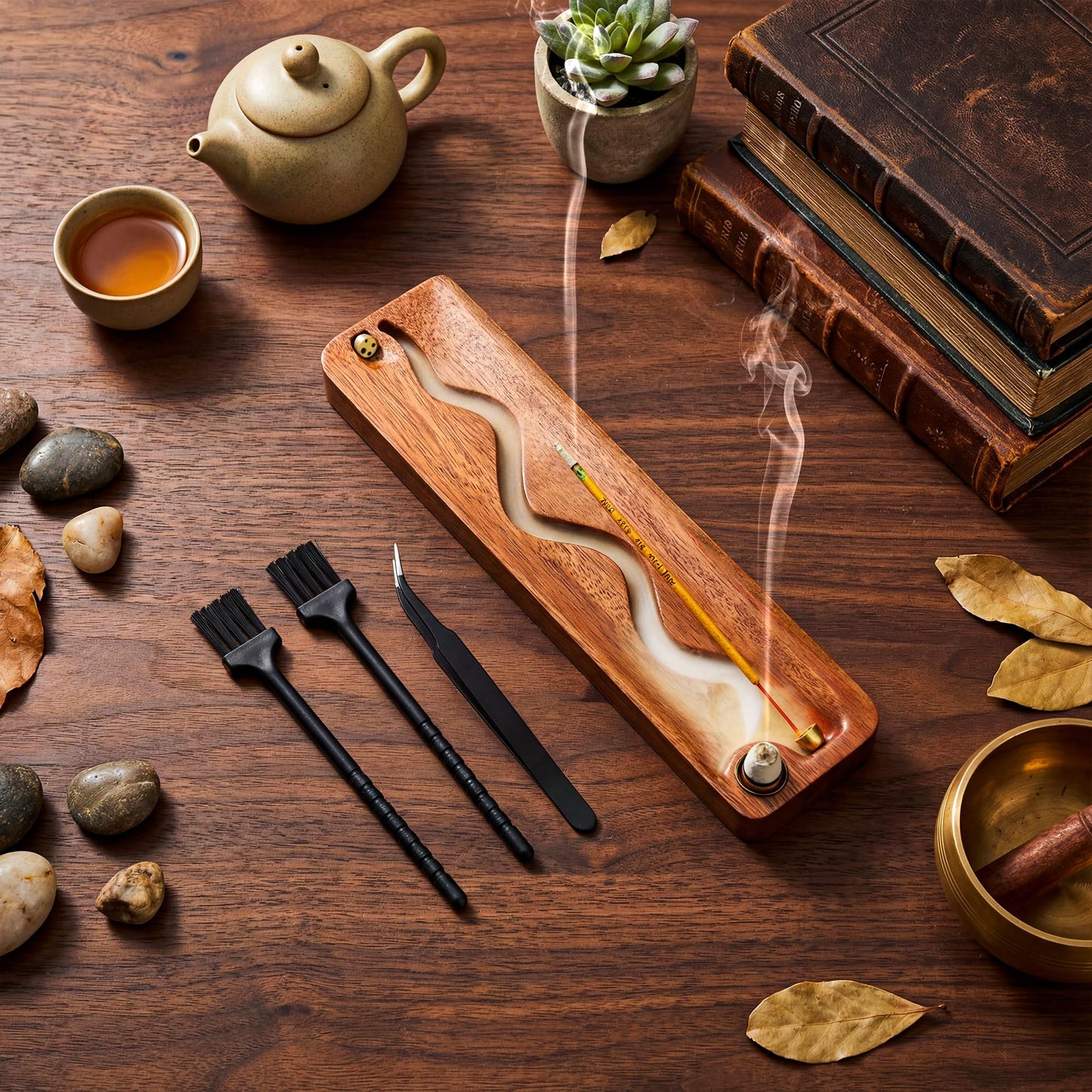 Zeckzoin 2 in 1 Wooden Incense Holder Sticks with Backflow Incense Cone Burner,Multi-Hole Fits All Thicknesses Sticks,for Meditation Yoga Home Gift