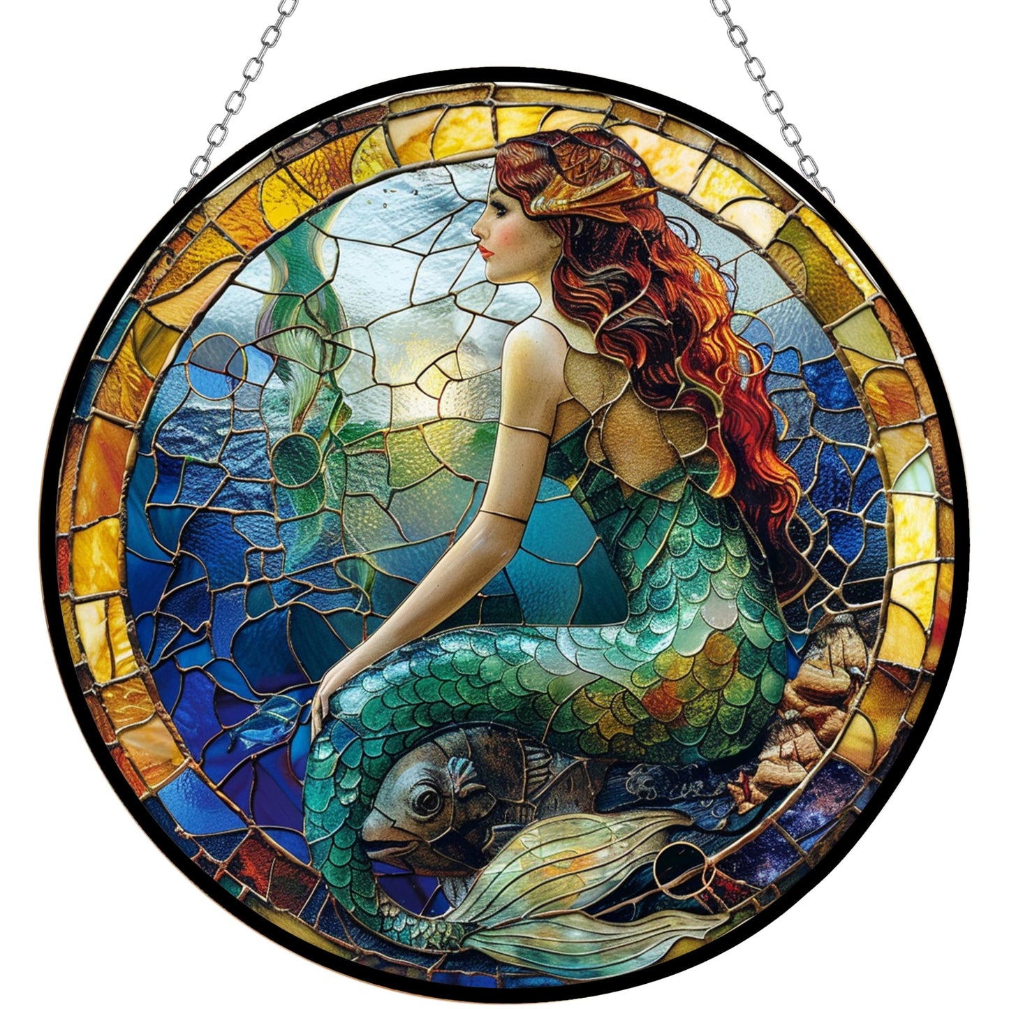 365CUSGIFTS Mermaid Stained Glass Window Hanging Sun Catcher Halloween Haning Ornament Decoration Christmas Birthday Gifts for Lover and Friends