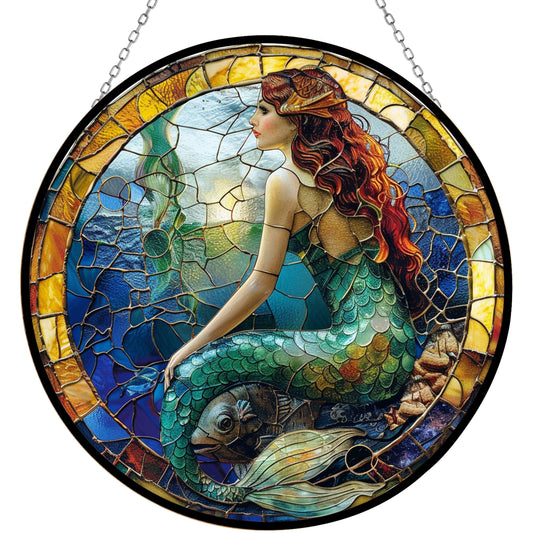 365CUSGIFTS Mermaid Stained Glass Window Hanging Sun Catcher Halloween Haning Ornament Decoration Christmas Birthday Gifts for Lover and Friends
