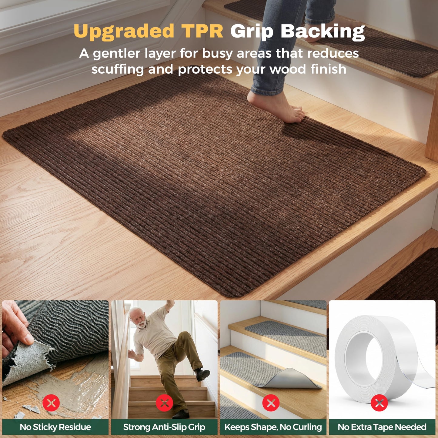 MBIGM Non-Slip Carpet Stair Tread Mat 30" x 30" Landing Rug-Matching Mat Non-Skid Safety Rug Slip Resistant - Brown